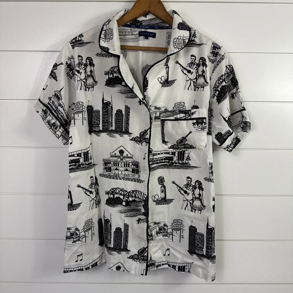 Katie Kime Nashville Toile Print Pajama Shirt Button Front Black White sz L